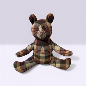 Plaid Fabric Teddy Bear Stuffed Animal - Brown Red Cream